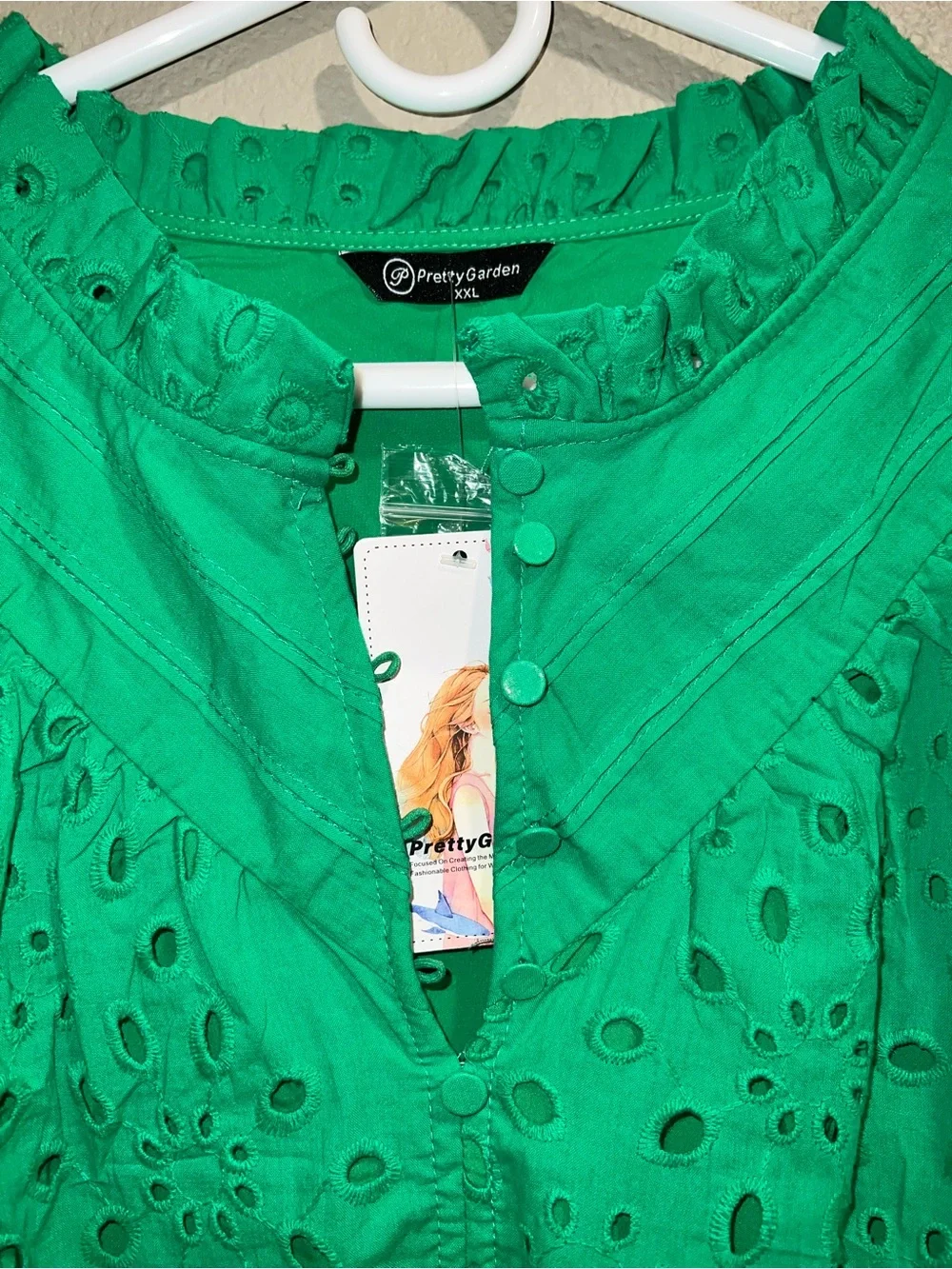 PRETTYGARDEN Green Eyelet Lace Puff Sleeve Blouse NWT XXL Boho Ruffle Neck - Picture 5 of 11
